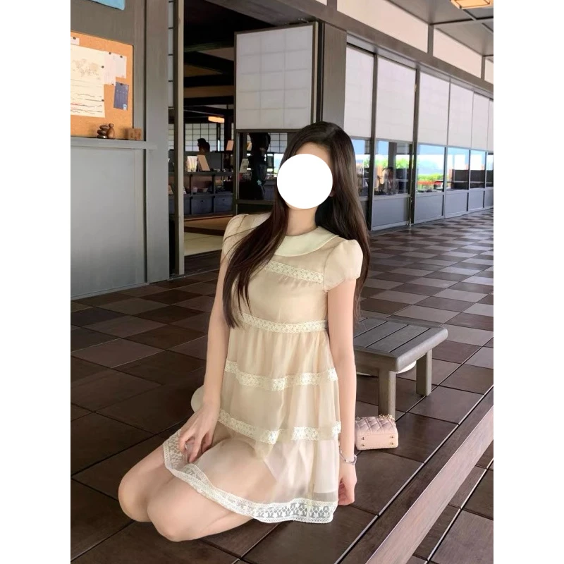 韩系小众设计感娃娃领泡泡袖短裙女夏季蕾丝公主裙甜美短袖连衣裙