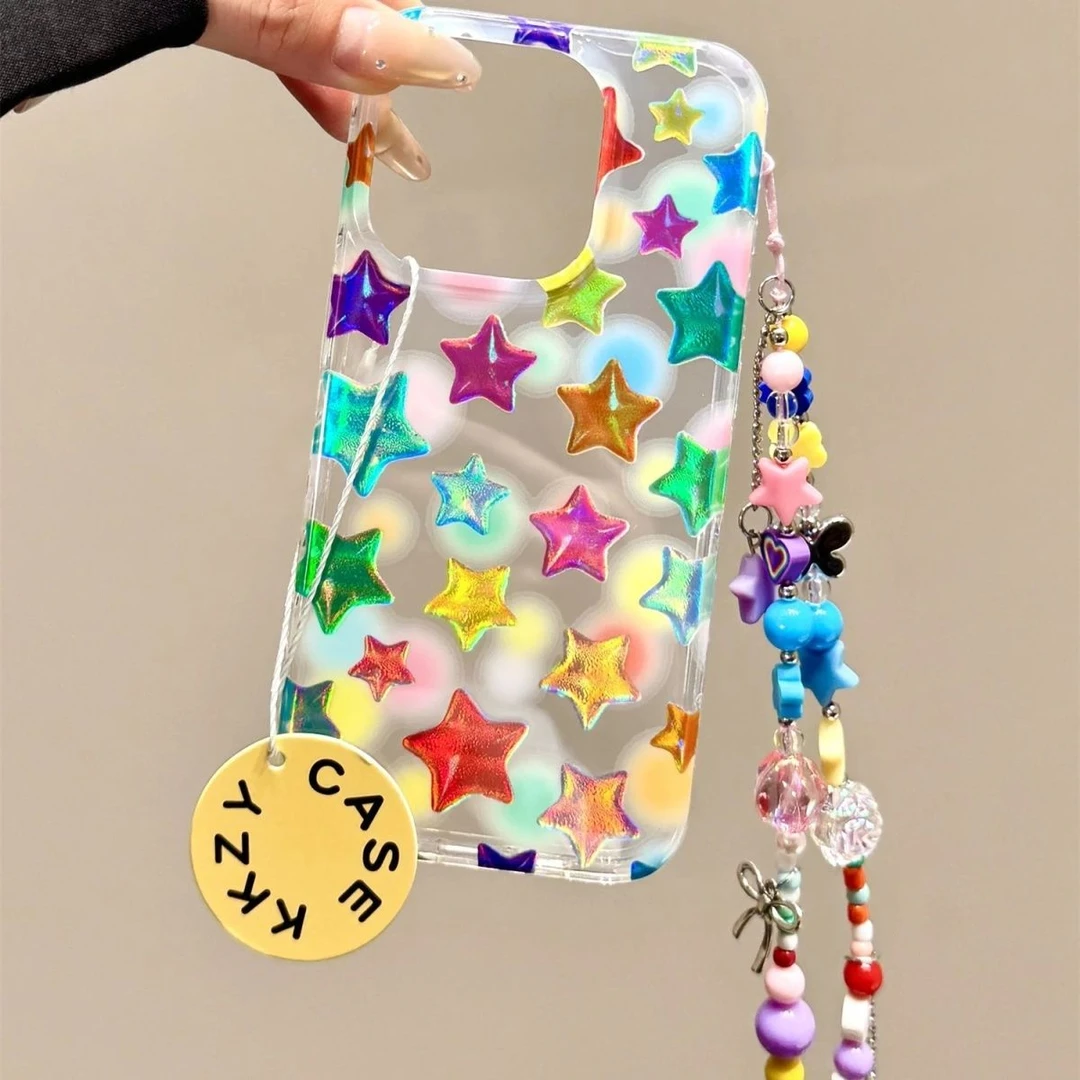 多巴胺镭射满屏彩星星链条适用16promax手机壳iphone15新款14防摔