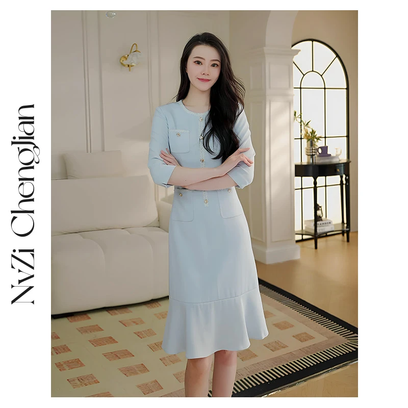 女子成鉴 七分袖小香风连衣裙女通勤战裙久坐不皱藏肉神裙D-Q1433