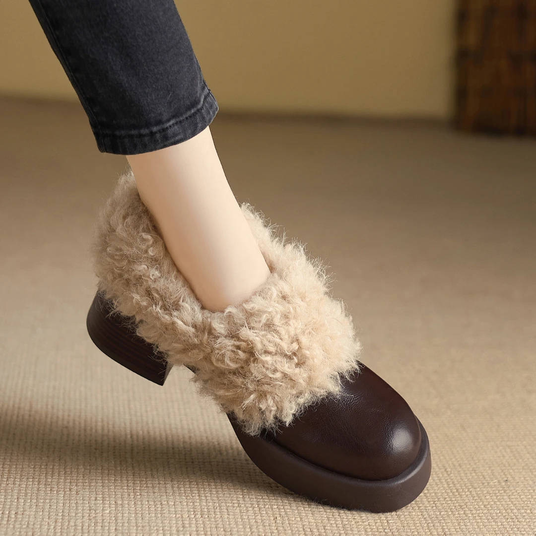 不累脚手工女鞋5cm~椭圆粗跟毛毛单鞋糯叽叽秋冬少女加绒加厚皮鞋