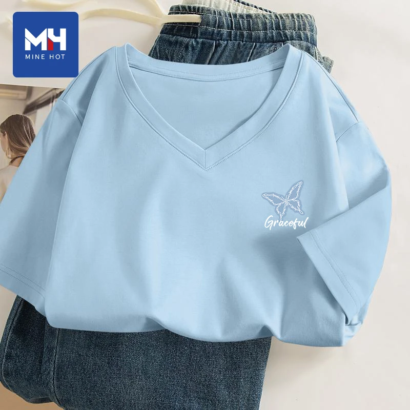 唐狮集团MH蓝色短袖t恤女2025新款大码夏季女装简约正肩v领上衣H