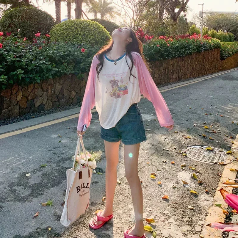 薄款冰丝防晒插肩长袖T恤女2025夏季新款宽松外搭透气上衣罩衫潮