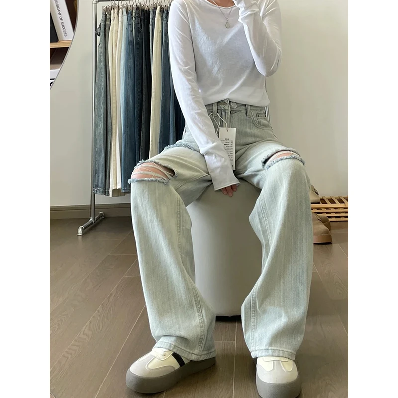 美式复古水洗做旧破洞牛仔裤女2025夏季新款高腰宽松显瘦阔腿裤子