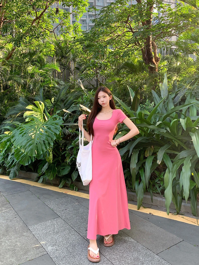 纯色方领短袖连衣裙女夏季韩系垂感高腰长裙收腰显瘦A字大摆裙