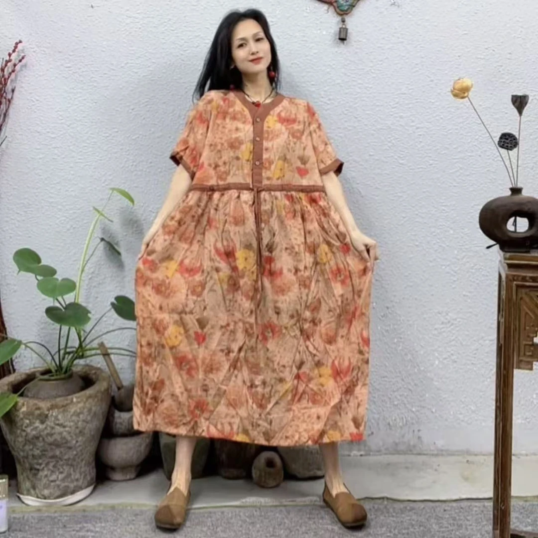 88025粉底黄红花丝麻半纽扣V领可收腰连衣裙（长115胸围130