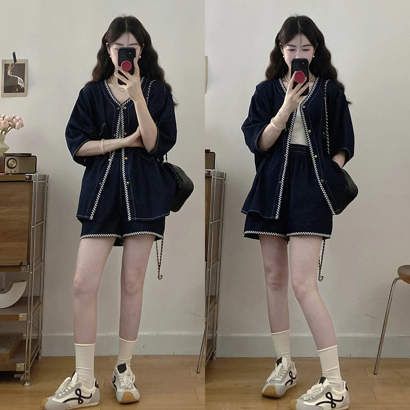 大码胖mm夏季新款韩版宽松显瘦套装女大码时尚绣花牛仔三件套