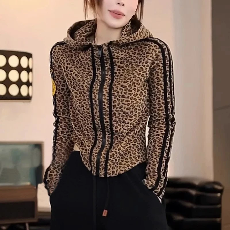 秋季新款休闲女装复古小众豹纹卫衣修身显瘦拉链长袖外套时髦上衣