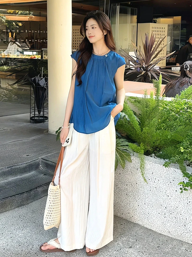 温柔风蓝色短袖衬衫高级感时尚白色垂坠感休闲裤套装2025夏季新款