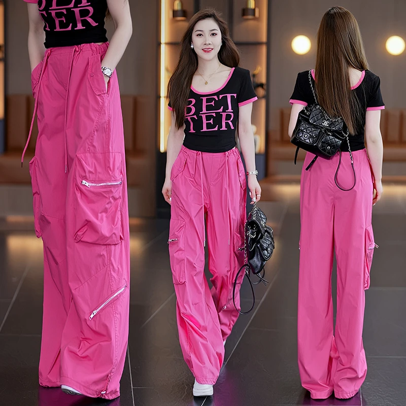 多巴胺速干工装裤女夏新款高腰时尚运动休闲潮酷短袖阔腿裤两件套