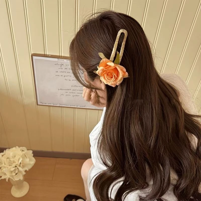 浪漫不渝~仿真玫瑰花朵鸭嘴夹春夏氛围感花朵发夹甜美后脑发饰009