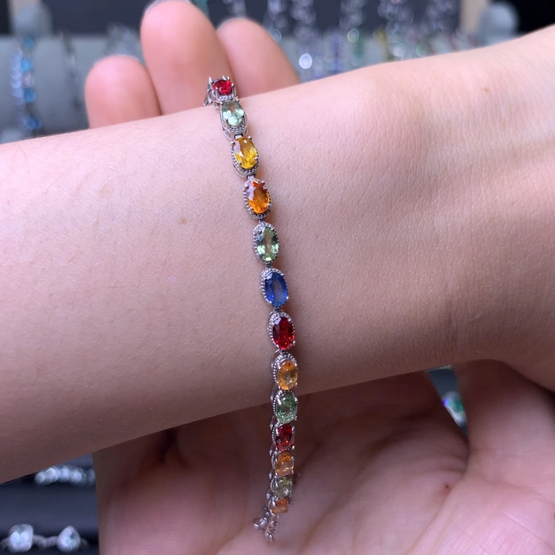 彩色蓝宝石手链银S925镶嵌