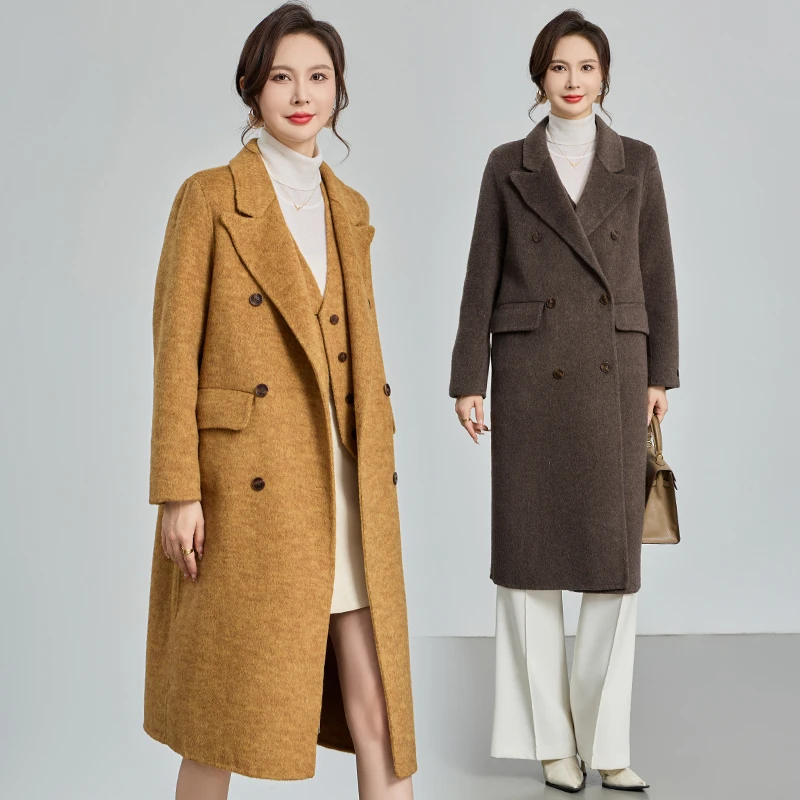 双面羊毛大衣女2025秋冬新款西装领双排扣羊毛大衣马甲外套两件套