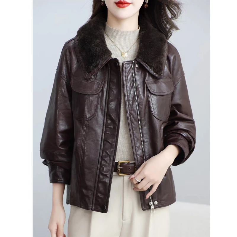 100%羊毛领 真皮皮衣女翡翠油蜡绵羊皮90鹅绒羽绒服外套短新款冬