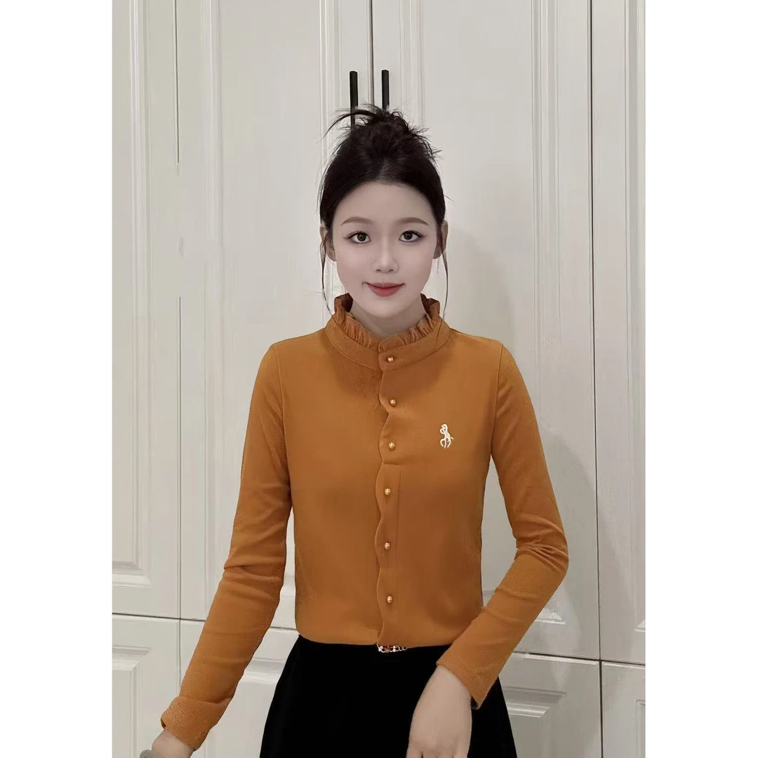 2025冬季新款精美刺绣小花边领长袖打底衫纯色百搭气质女衬衫9181