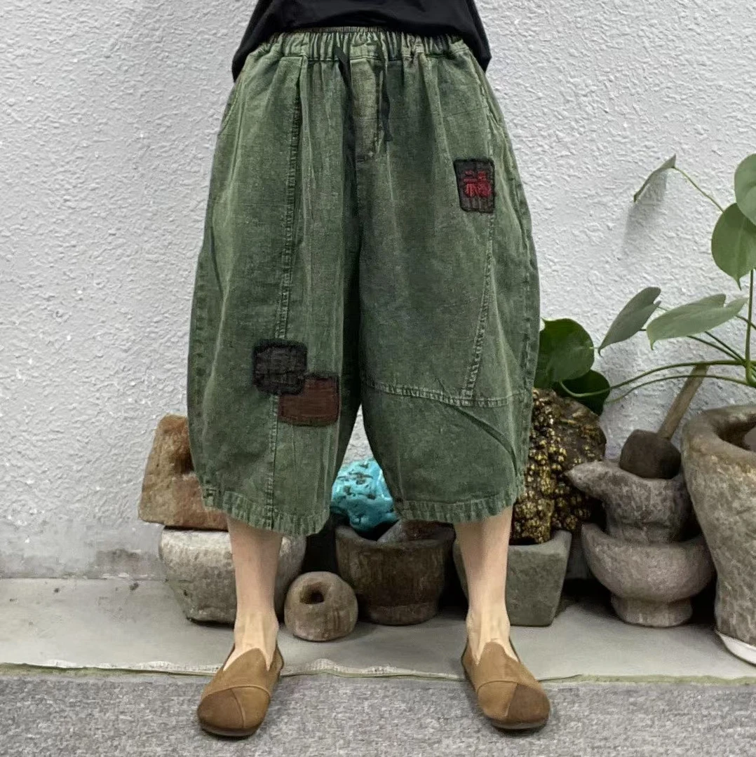 2590绿色炒色汉麻左侧老布绣福休闲裤（长68臀围140脚口58