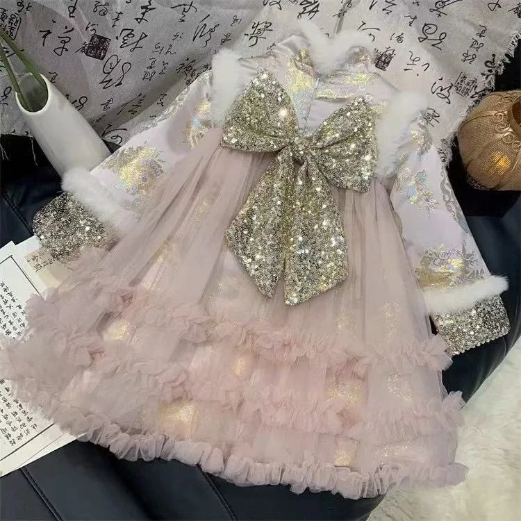 【轻云灵】女童冬装新款公主裙冬季加绒中国风古装拜年服蓬蓬裙