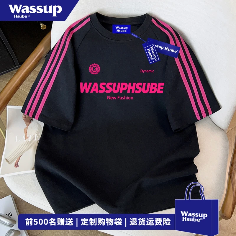 WASSUP HSUBE街头风字母三条杠短袖T恤男女夏季vibe美式休闲上衣