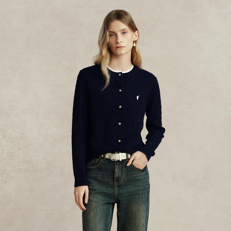 POLOWALK长袖针织衫女2024冬季新款百搭气质开衫简约绞花毛衣女款