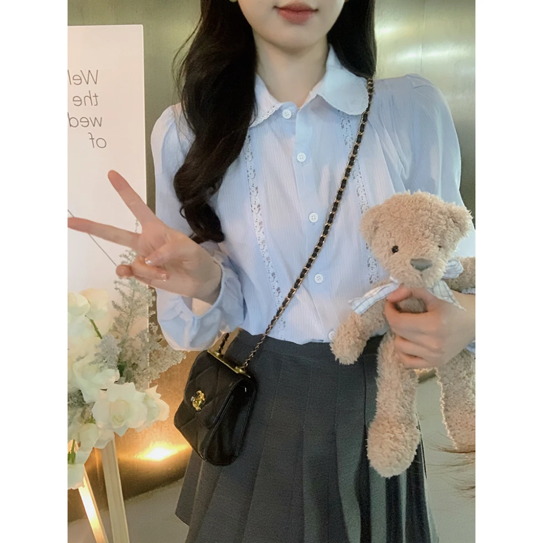 小奶盖 浅蓝色甜美学院风别致花边设计感显白衬衫上衣