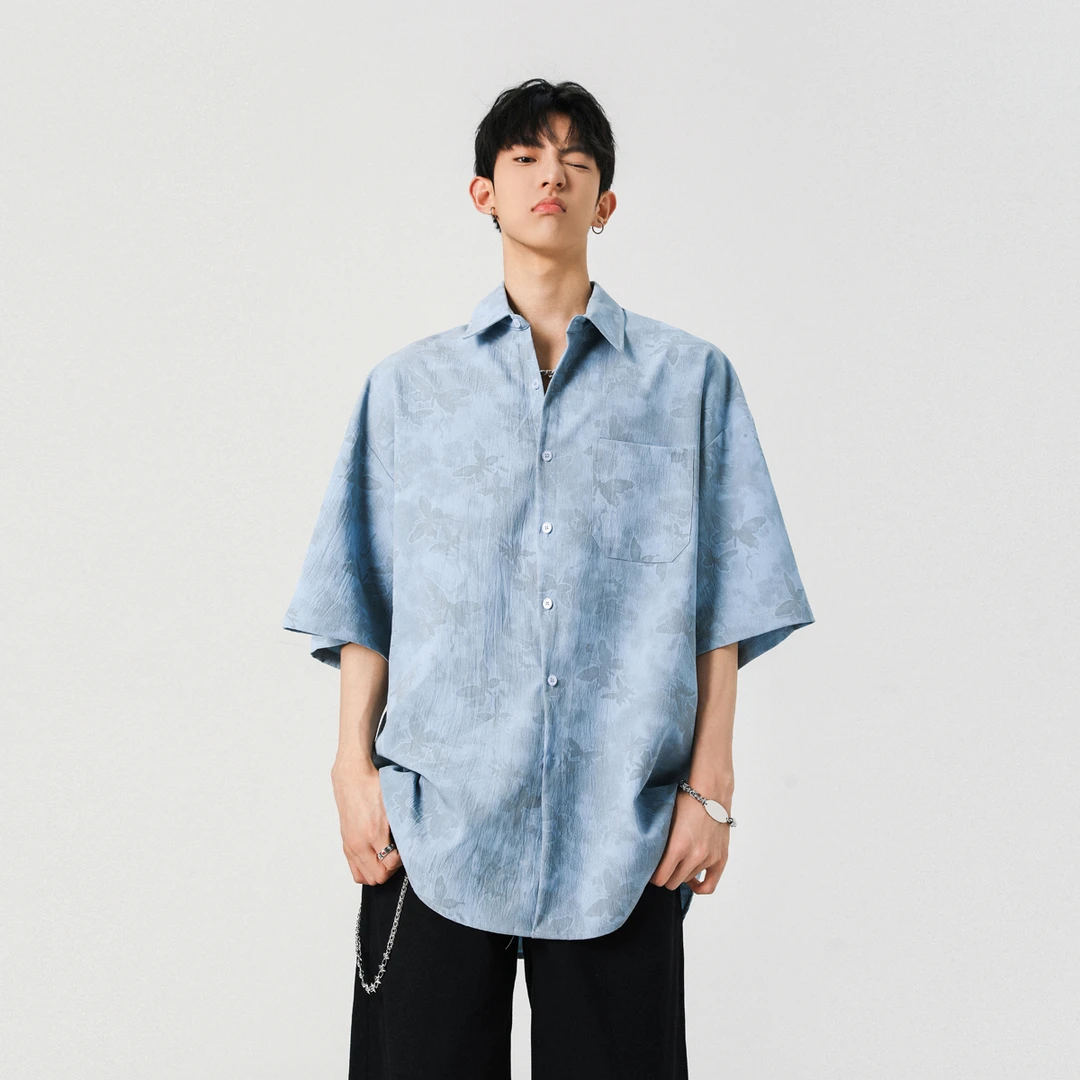 高级感韩版宽松免烫短袖衬衫男夏季半袖上衣潮流蝴蝶印花衬衣外套