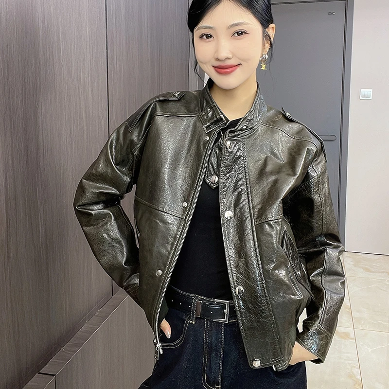 CJJ真皮皮衣女立领油蜡皮短款机车皮夹克纯皮显瘦外套C108-2592