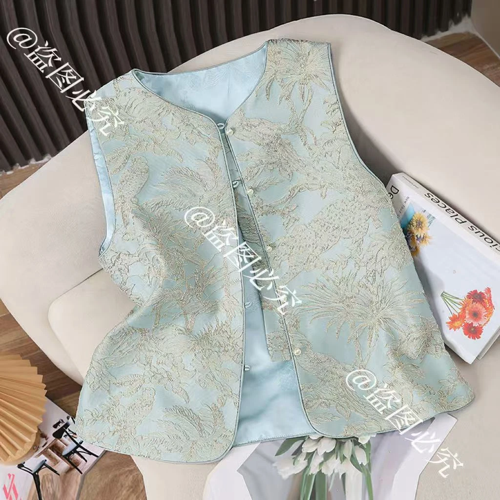 两面穿织锦提花圆领新中式女装马甲百搭国风马夹