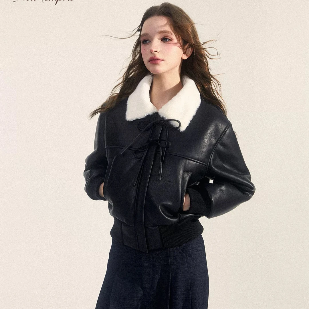 NEWEMPIRE25冬季皮毛一体机车服夹克加厚加绒黑色皮衣短款外套女