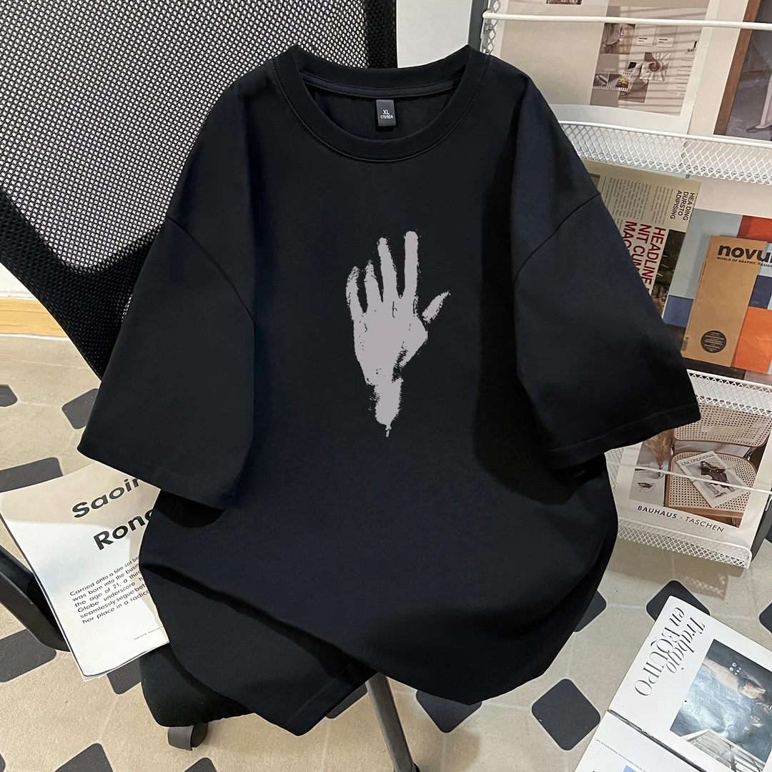 宽松圆领短袖男T恤常规款白色ins蝴蝶印花纯棉设计感休闲上衣潮流