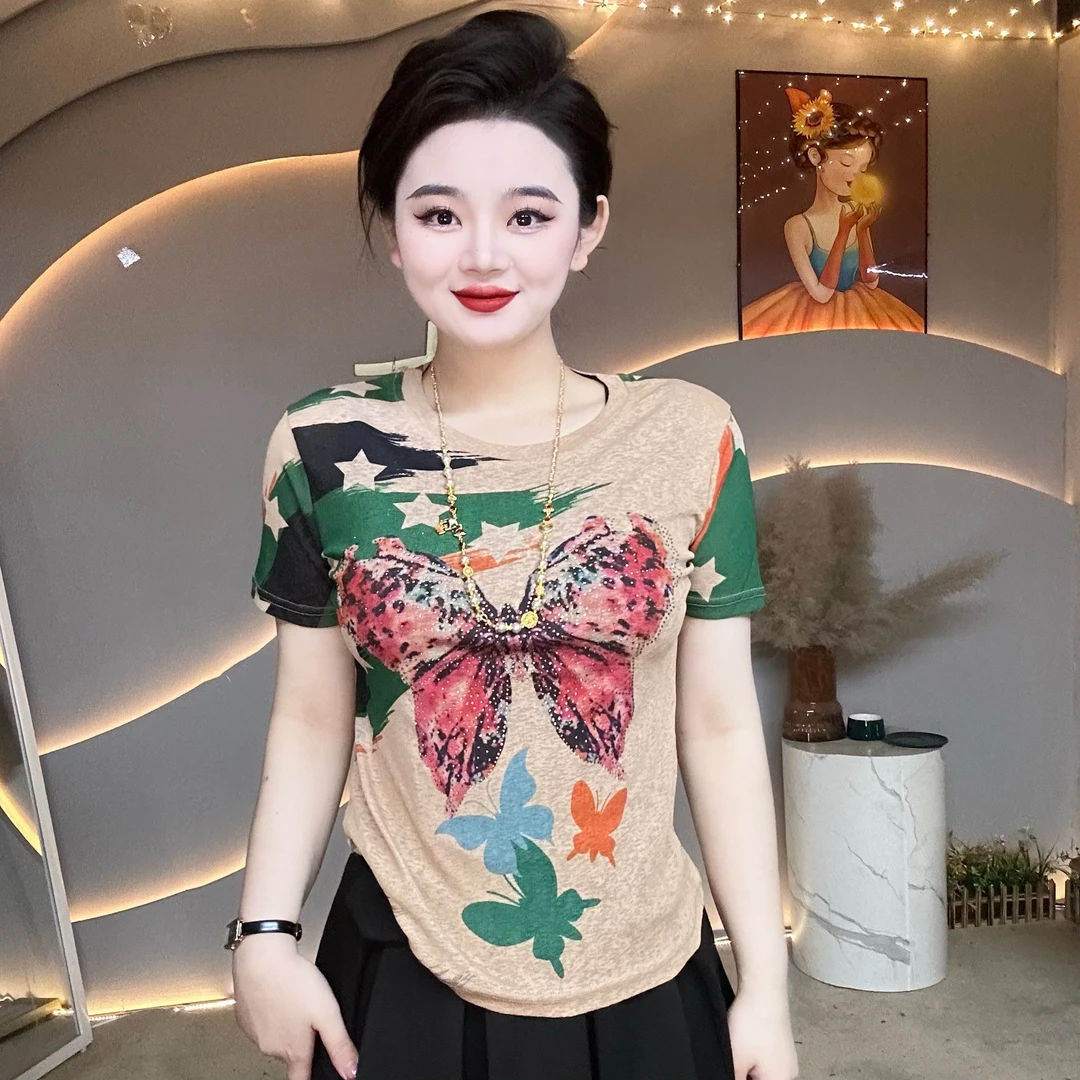 【夏季新款】彩色蝴蝶小衫重工烫钻修身打底衫短袖女装T2117