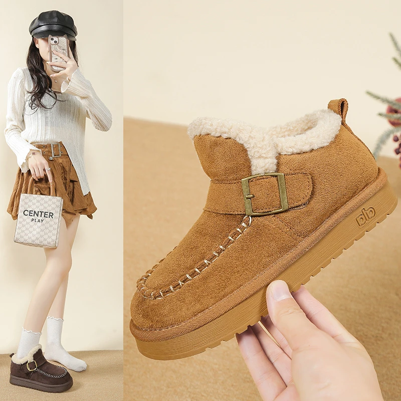 纯色冬季棉鞋雪地靴休闲风平跟复古港风