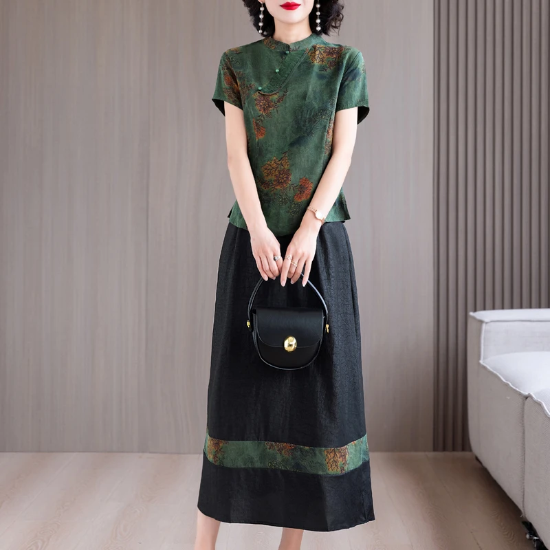 夏国风新款中式妈妈装套装改良旗袍上衣复古仿香云纱两件套半身裙