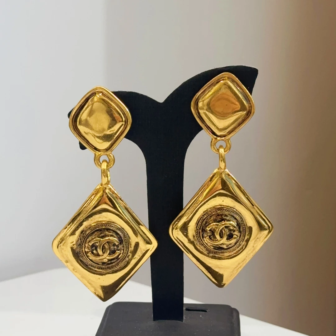 95新 Chanel/香奈儿 Chanel vintage香奈儿中古菱形吊坠耳夹