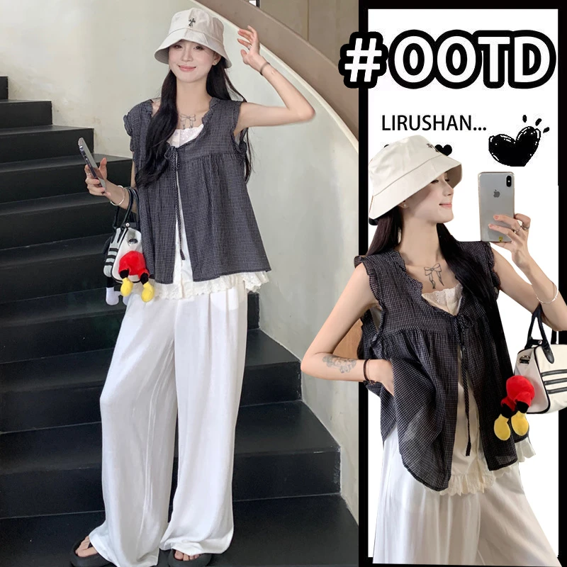 时尚孕妇2025年夏款系带假两件衬衫韩系上衣+托腹阔腿裤孕妇套装