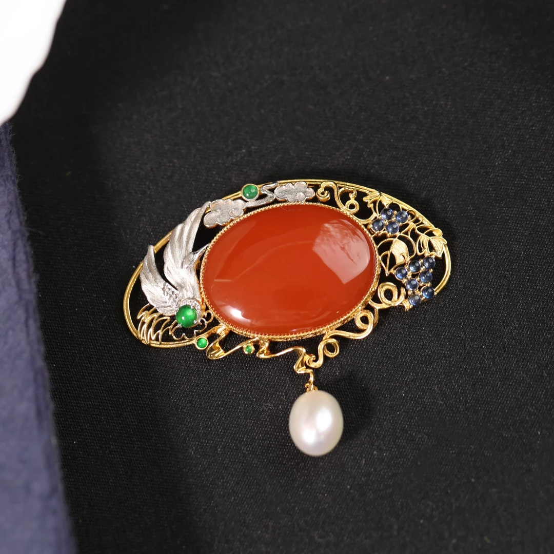 【明霞】原创国风新中式定制珠宝18k金镶嵌南红胸针吊坠