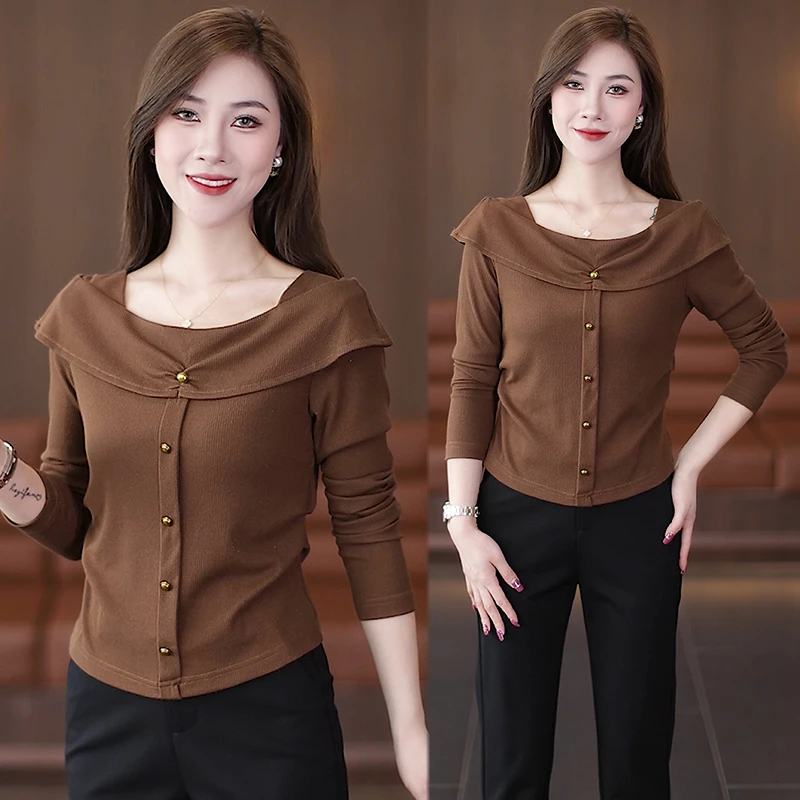 洋气设计感一字领长袖T恤女修身显瘦短款打底衫2025春秋新款漂亮