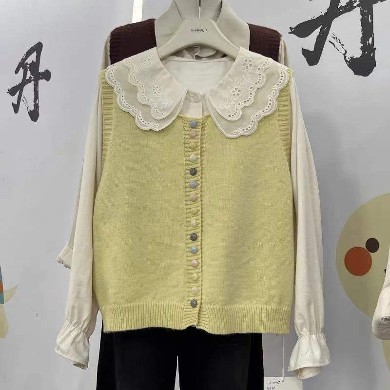 25059 翻领娃娃领衬衫➕彩色扣子马甲真两件套