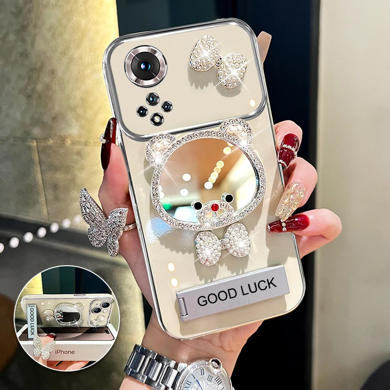 适用荣耀50/pro领结熊补妆镜大视窗手机壳创意电镀防摔网红女款