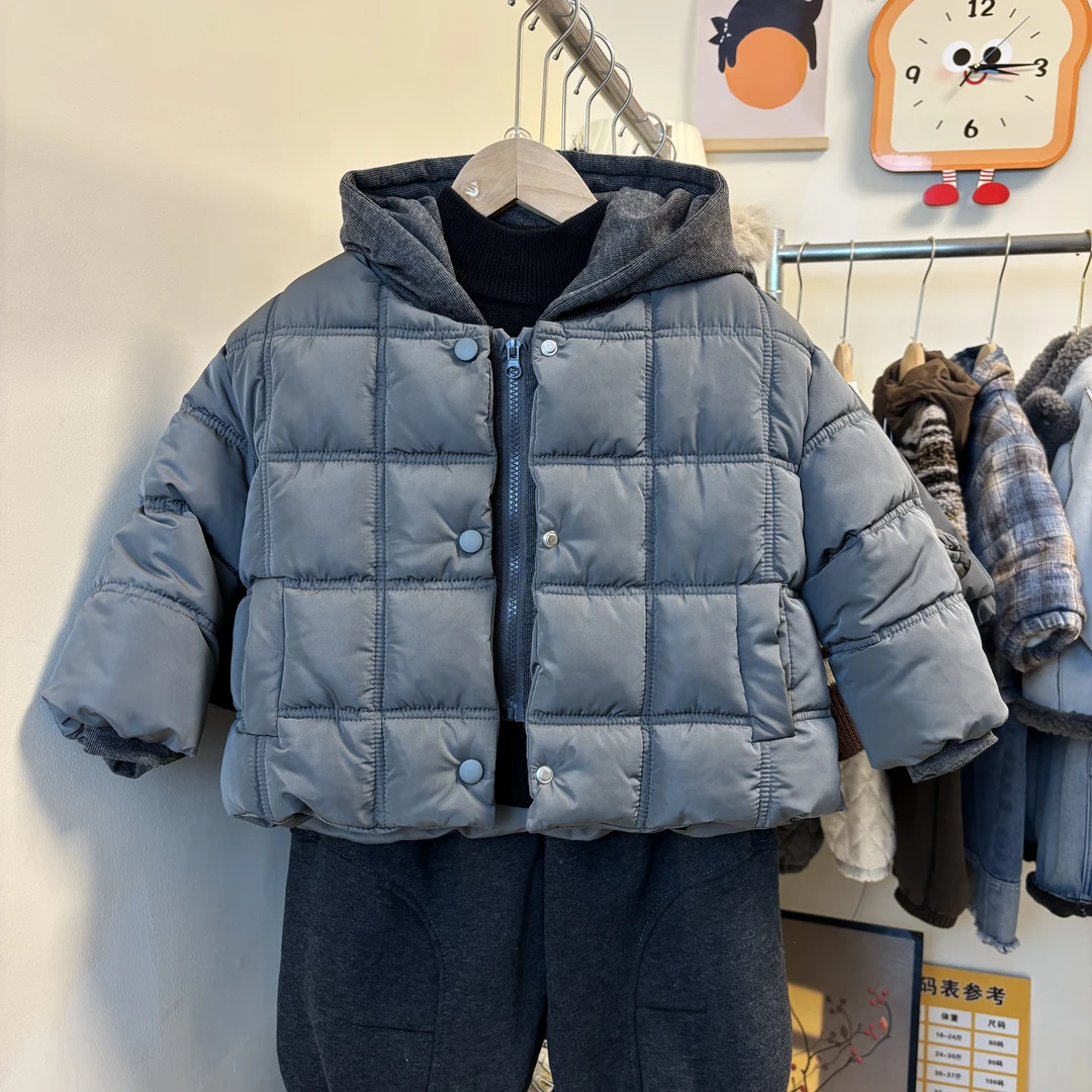 男童假两件棉服儿童秋冬装2025新款轻便保暖连帽外套洋气棉袄潮