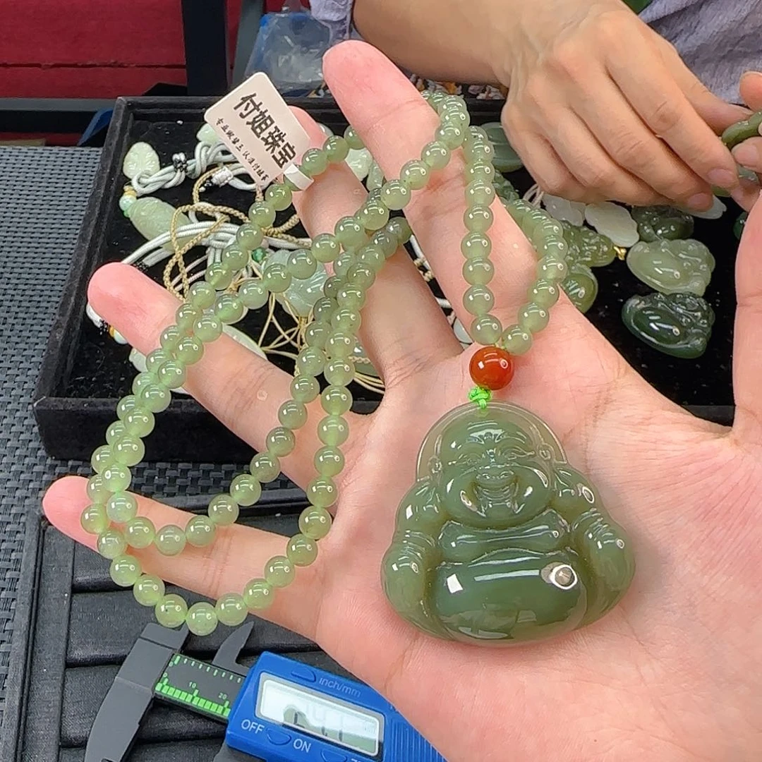 和田玉未镶嵌手链湖水绿佛公卡45套装