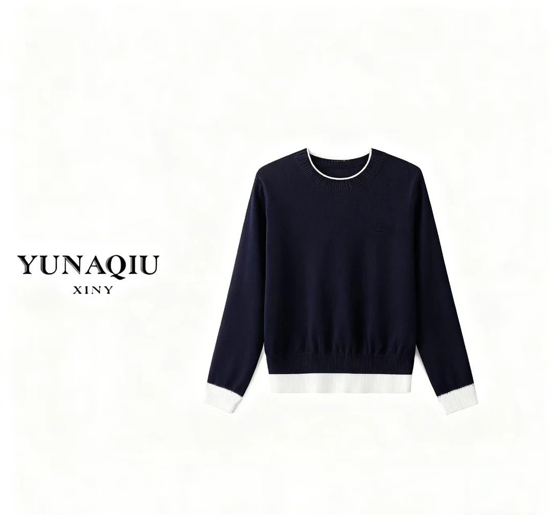 YUNAQIU-早秋针织圆领“莱赛尔”假两件针织套头百搭打底长袖-8189