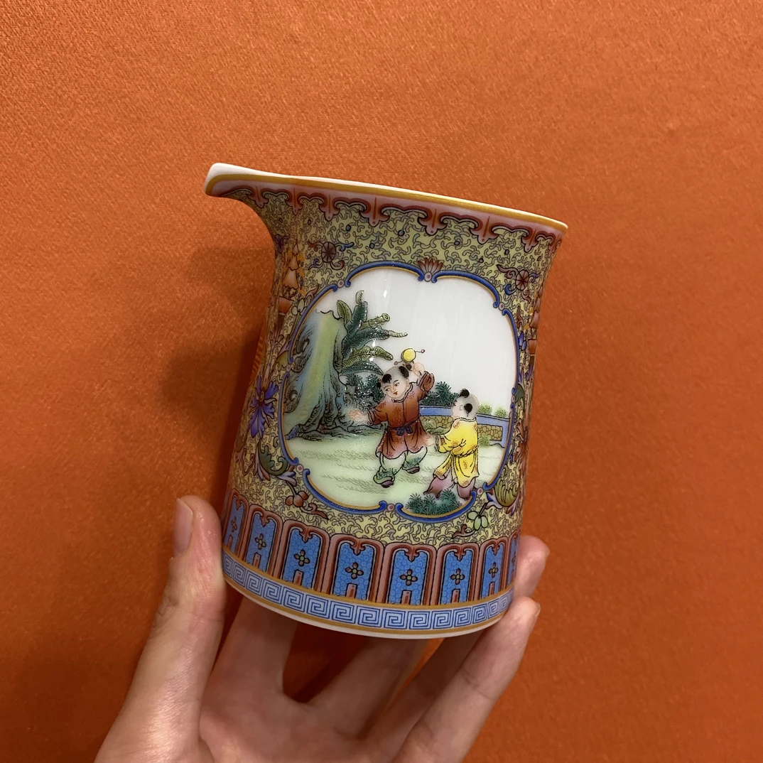 景德镇陶瓷 珐琅彩童子公道杯 容量200cc 口径9 高度9