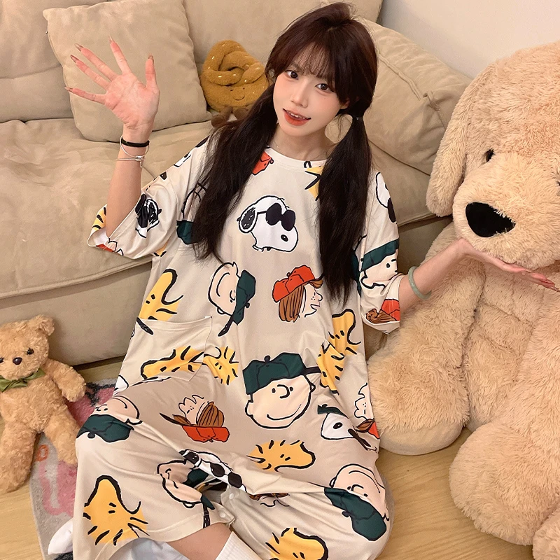 史努比夏季短袖薄款情侣连体冰丝睡衣卡通可爱大码男女生空调服
