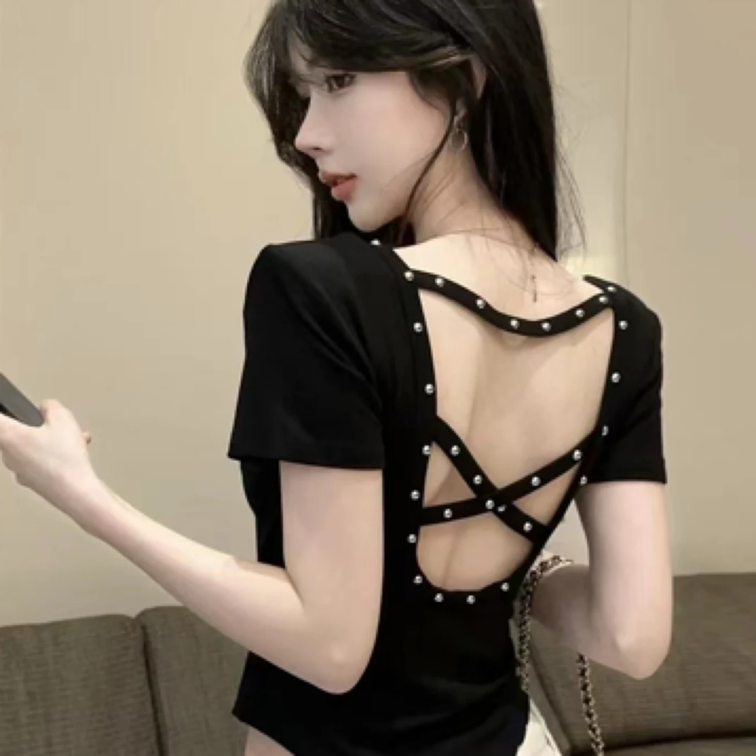 ：辣妹交叉柳丁露背字母印花短袖T恤短款性感半袖