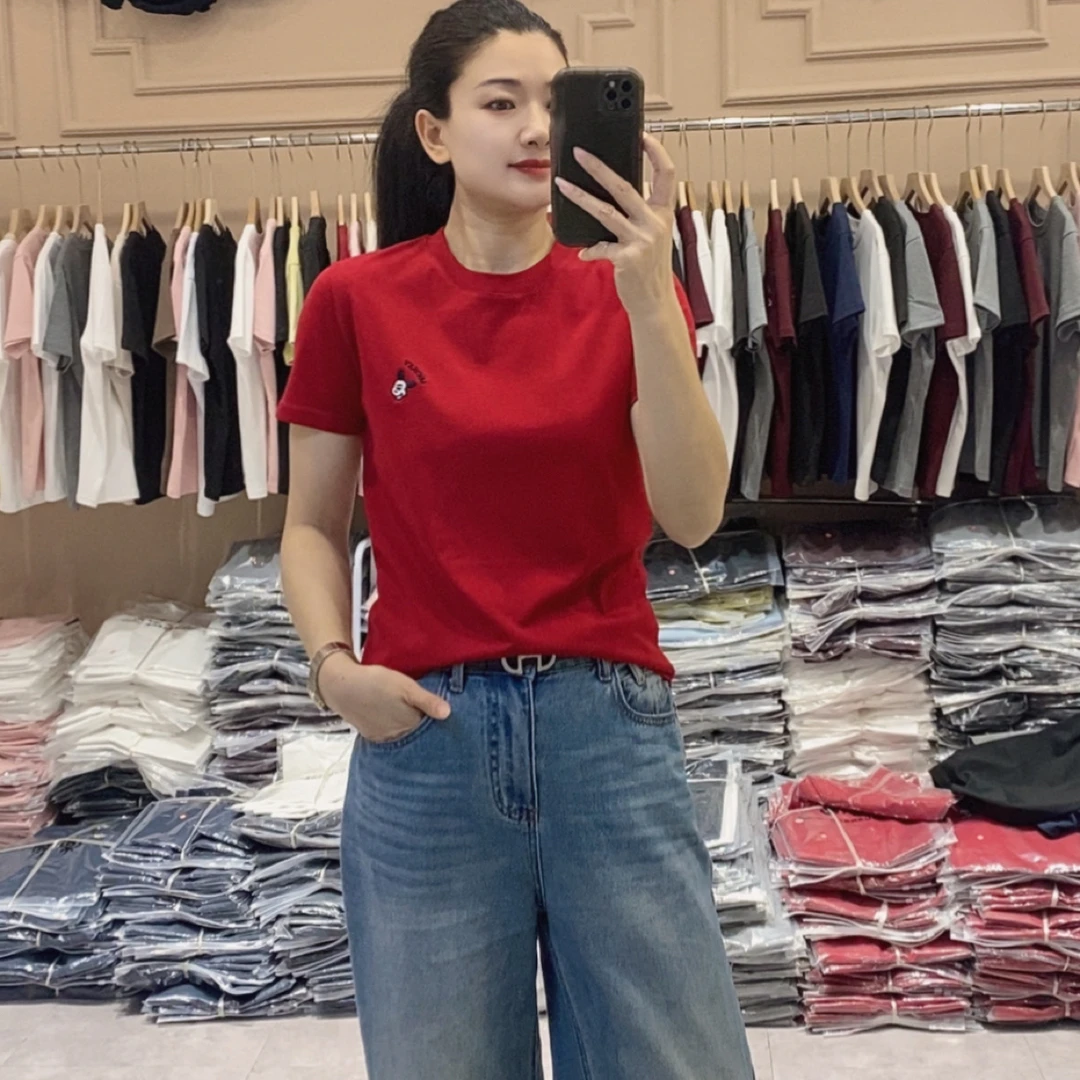 （燕子家）正肩宽松显瘦刺绣字母米奇头短袖T恤