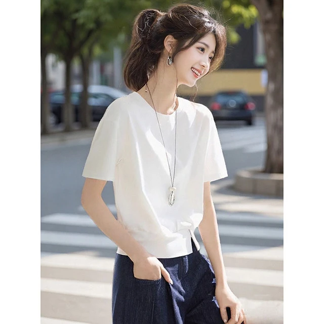 白色圆领短袖T恤女2025夏季新款下摆开叉设计感休闲百搭显瘦上衣