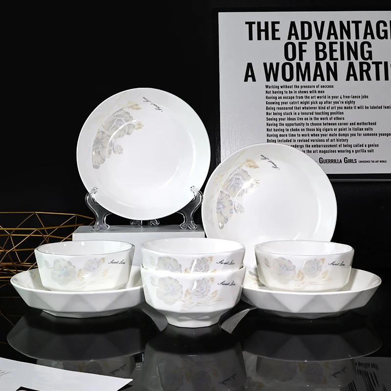 孟垣白口甜蜜蜜16件套家用创意高温烧制米饭碗饭盘陶瓷餐具中式