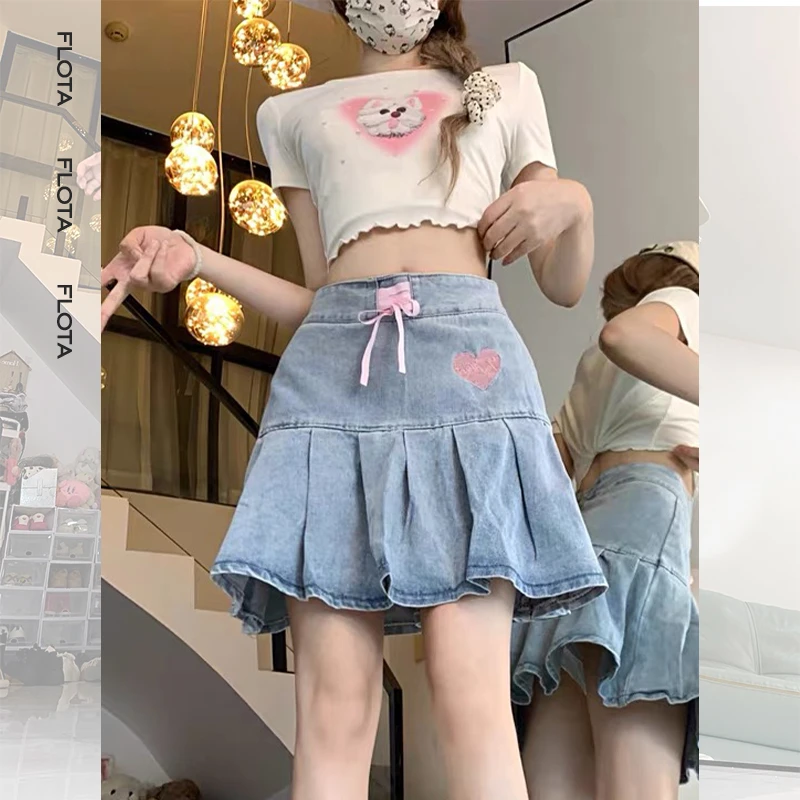 【flota】美式甜心少女感牛仔半身短裙女蝴蝶结绑带高腰百搭0019