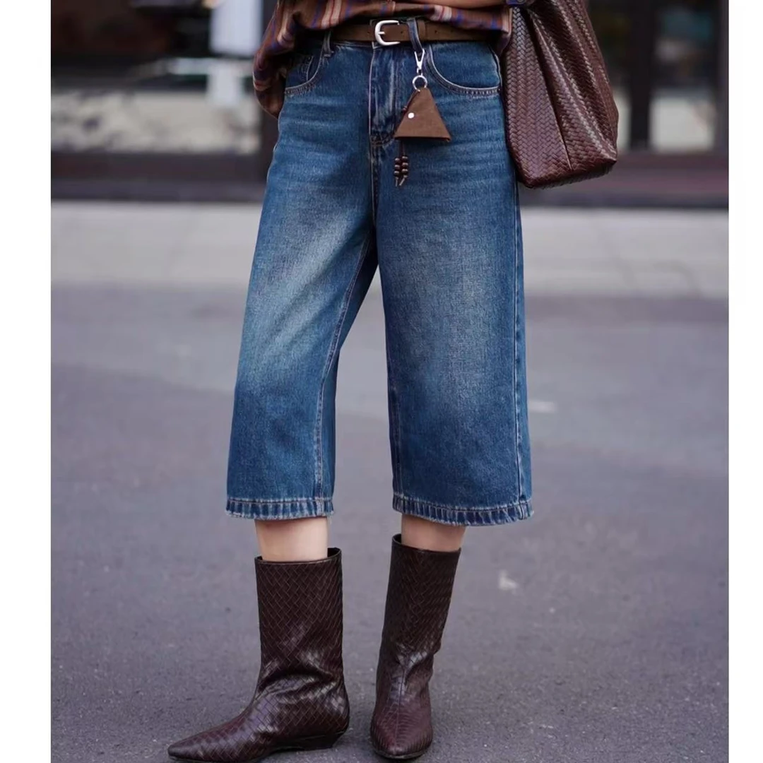 华丽微微【自在随行】早秋新款宽松百搭时尚直筒七分牛仔裤K1524