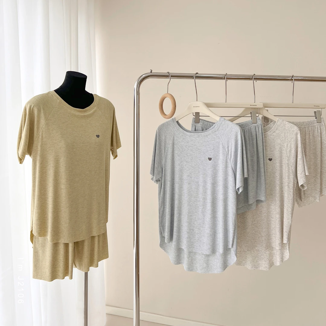 新夏季新款套头爱心刺绣短袖短裤家居服套装J2106