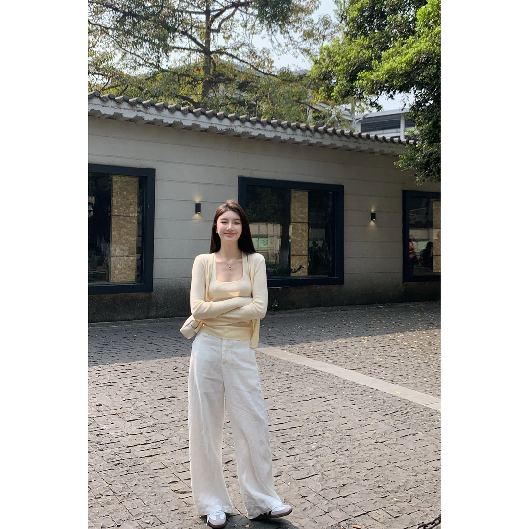 白色亚麻阔腿裤女2025夏抽绳绑带设计感休闲裤高腰垂坠感拖地裤